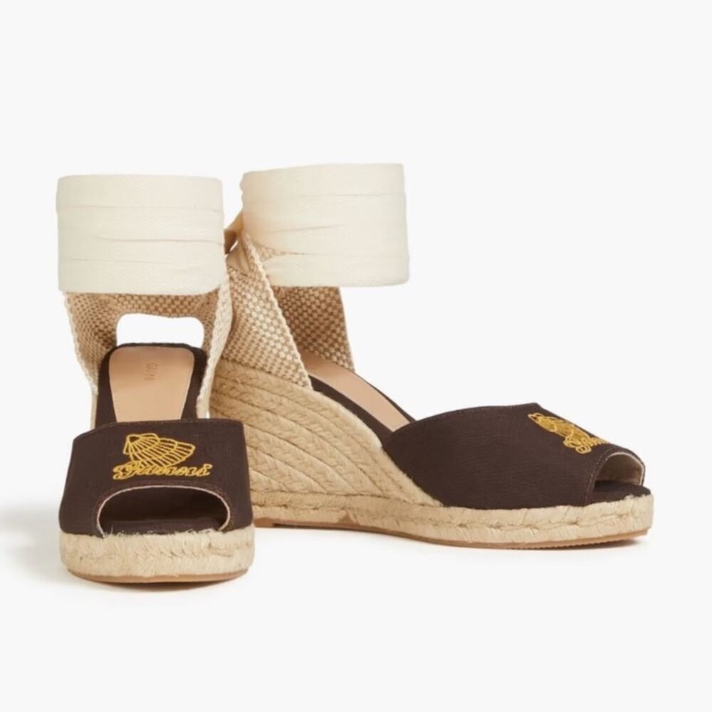 New GANNI Chocolate Brown Embroidered Canvas Wedge Espadrille Sandals Size 40